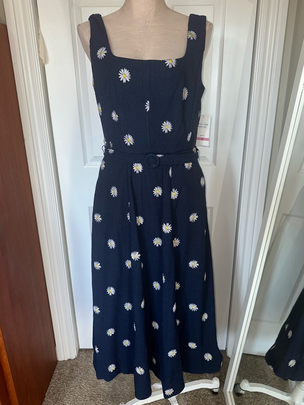 Taylor. Navy Daisy Print Midi Dress with Belt